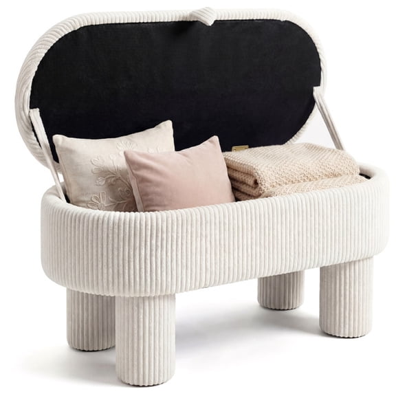 Beige 42 Inch Corduroy Storage Bench with Plush Foam Cushion, Hidden Compartment