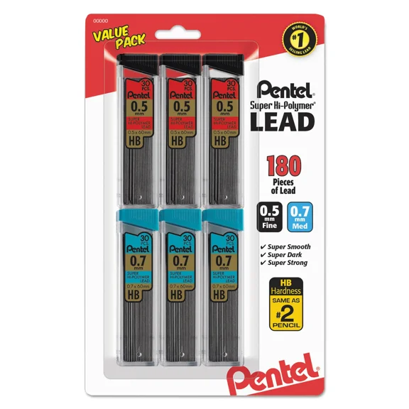 Pentel Super Hi-Polymer Lead Refills 0.5mm 0.7mm HB Black 30/Tube 6 Tubes/Pack