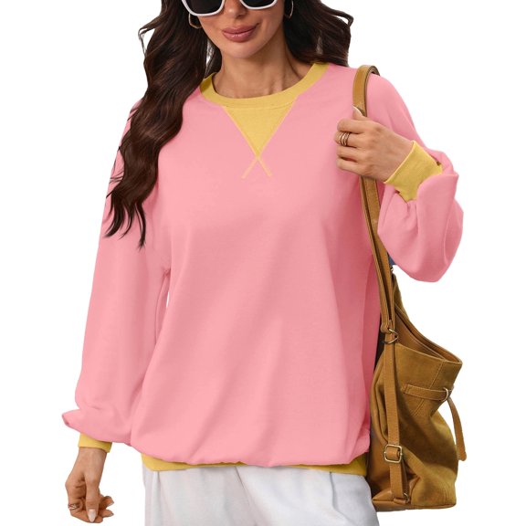 QIYAGBSA Color Block Crew Neck Tops for Women, Long Sleeve Loose Pullover Sweatshirt with Contrast Detail, Casual Spring Fall Streetwear