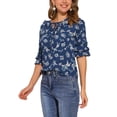thumbnail image 4 of INSPIRE CHIC Women's Layered Ruffle Elbow Sleeve Ruffled Tie-Neck Floral Blouse S Navy Blue, 4 of 8