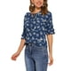 thumbnail image 4 of Blusa floral con cuello atado y volantes en capas de manga de codo para mujer INSPIRE CHIC en azul marino, 4 of 8