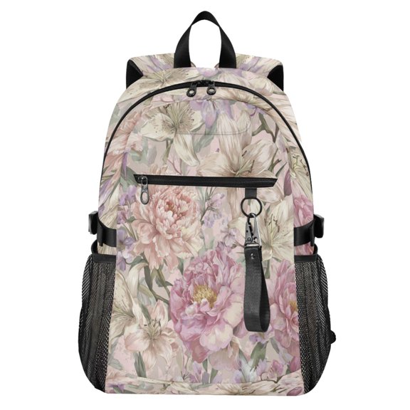 Full‑Print Casual Laptop Backpack, 20L Water‑Resistant Twill Tote Daypack with 14 Inch Computer Compartment for School Business Travel Delicate Floral Pattern