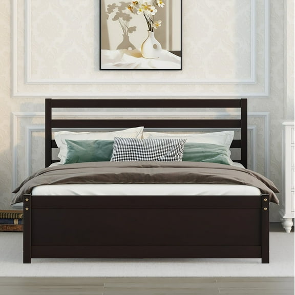 Full Platform Bed Frame, Espresso Full Bed Frame Wood with Headboard, No Box Spring Needed, LJ2087