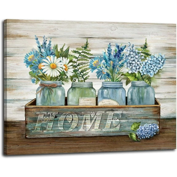 Blue Floral Bouquets Rustic Flowers Wall Art Home Decor Canvas Pictures Print for Bathroom Bedroom Living Room Dining