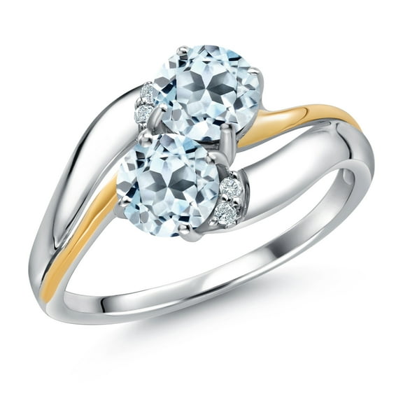 Gem Stone King 925 Sterling Silver and 10K Yellow Gold Sky Blue Topaz 5MM Round 2 Stone and White Lab Grown Diamond Accent Ring for Women (1.43 Cttw, Gemstone November Birthstone, Size 5)