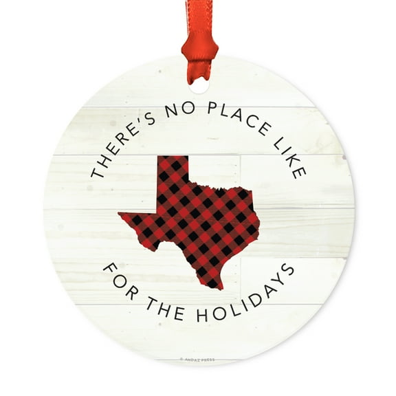 US State Round Metal Christmas Ornament, Red Plaid on Light Rustic Wood, Texas, Includes Ribbon and Gift Bag