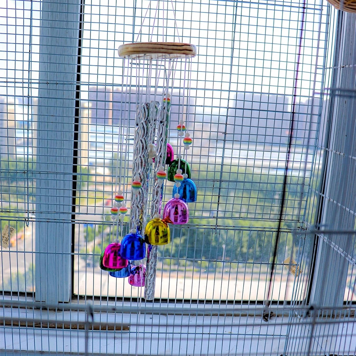 Colorful bell and shining stick parrot toys, bird cage wind chimes for chewing, suitable for African Grey, Budgies, Cockatiels, Lovebirds, Conures, Quakers and other small to medium birds.