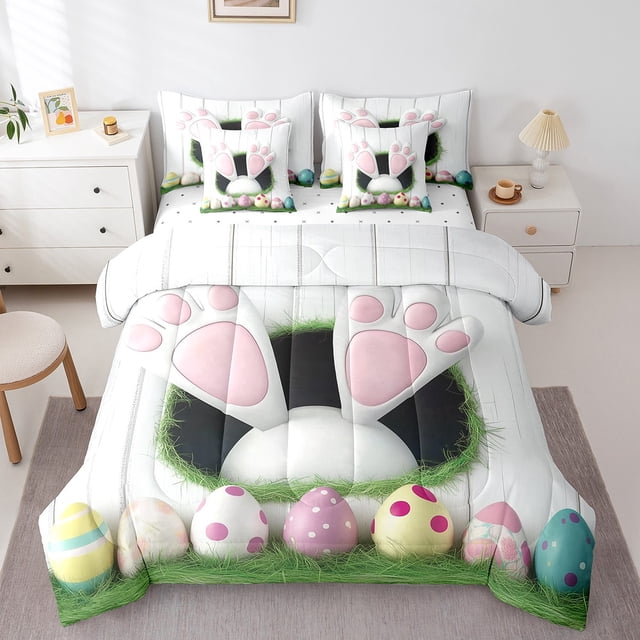 Erosebridal Easter Rabbit Bedding Sets Twin Size,Cute Eggs Comforter Sets with Sheets,Kids Room Decorative,Reversible,7pcs
