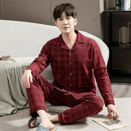 

QWZNDZGR Big Size M-4XL Autumn HQ Cotton Gentleman Men Pyjamas Men s Pajamas Sets Lapel Sleepwear Pyjamas Night Suits Pijamas Homewear PJ