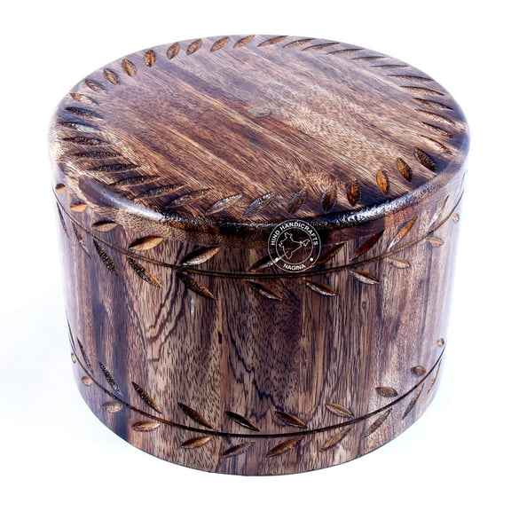 Round Wooden Engraved Urns for Human Ashes Adult - Wooden Box Rosewood Cremation Urns for Ashes - Burial Urns - Funeral Urns Large (8" x 8" x 6" - 250 lb or 113 kg, Antique 1)