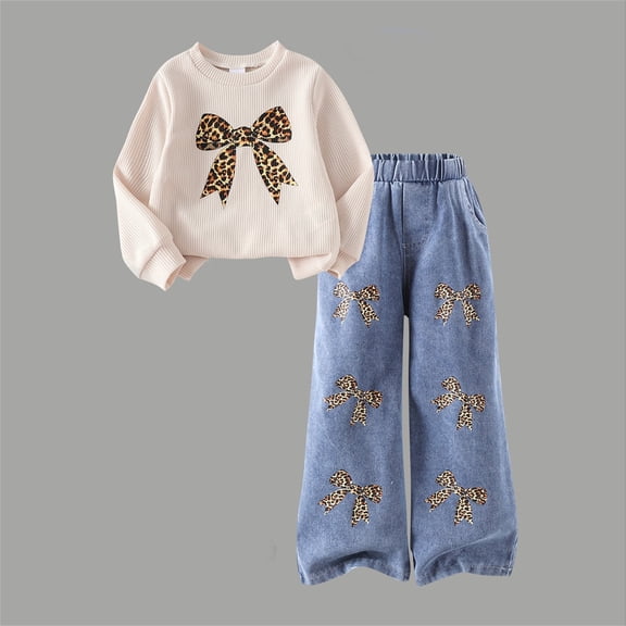 MEZZALL Bowknot Printed Girls Two Piece Outfits Long Sleeve Tops And Comfy Pants Casual Daily Wear Soft Fabric Ensemble Toddler Kids Comfort Clothing Sets