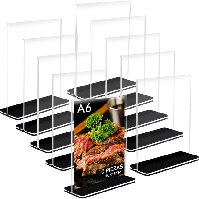 Soporte de Acrílico para Letreros/Menús Forma de L -10 Unidades Transparente Doble Cara - Incluye Base Estable, Porta Menú de Mesa Antideslizante para Restaurantes, Oficinas, Hoteles