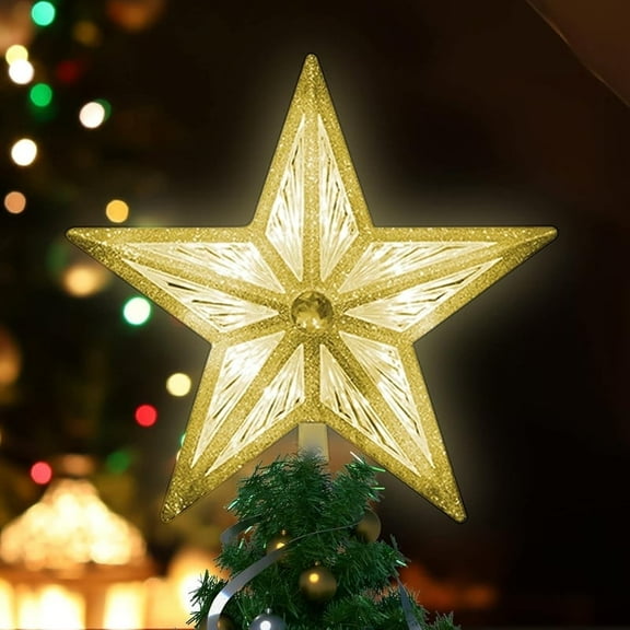 8" 10LED Christmas Star Tree Topper, 3D Golden Glitter Tree Toppers Christmas Decorations for Christmas Tree(Warm White)