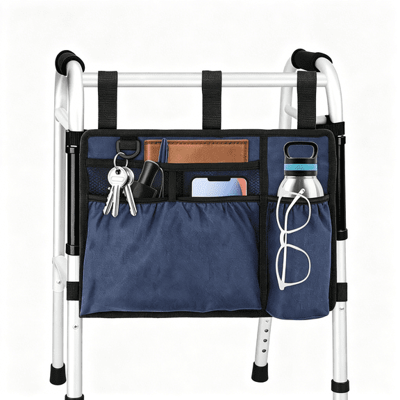 XIRQI Walker Bag Basket with Cup Holder for Folding Walker Accessories for Seniors Elderly,Foldable&Water Resistant Walker Storage Bags with Big Capacity-Dark Blue