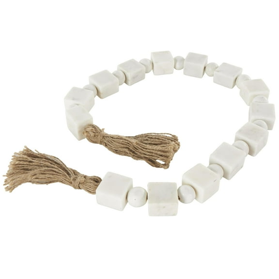 DecMode Handmade Square White Marble Garland with Tassel with Knotted Brown Jute