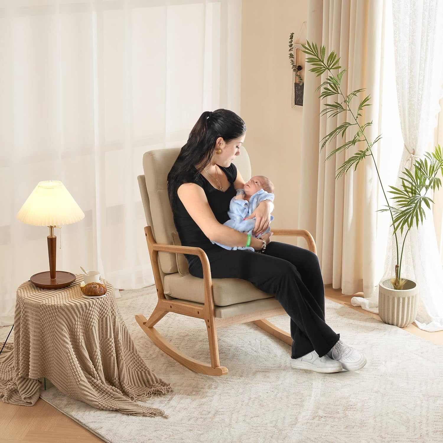 Nursery Rocking Chair Removable Glider Rocker High Backrest Rocking Armchair Mid-Century Accent Chair with Lumber Pillow for Bedroom, Living Room, Nursery, Beige
