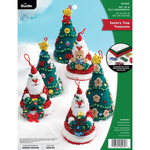 Bucilla Felt Applique 6 PC Ornament Kit, Santa's Tree Treasures