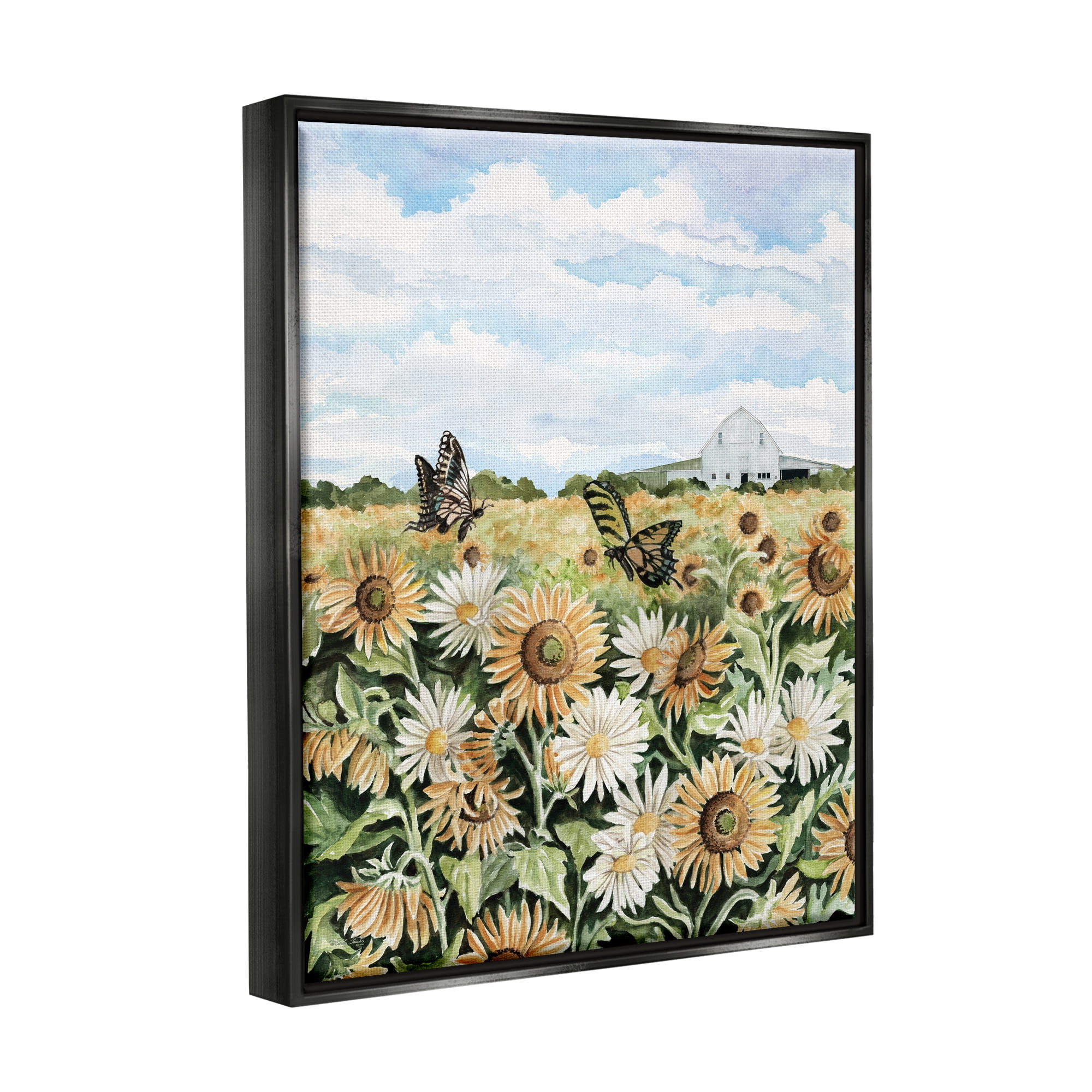 Stupell Industries Sunflower Garden with Butterflies Landscape Painting Black Floater Framed Canvas Art Print Wall Art, 25 x 31