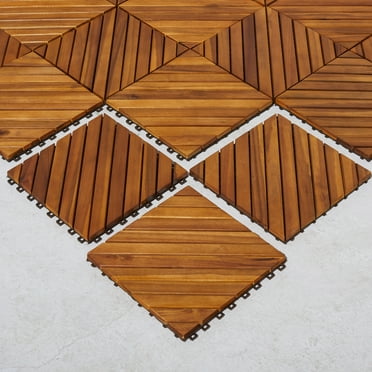12-Diagonal Slat Acacia Interlocking Deck Tile (Set of 10 Tiles)