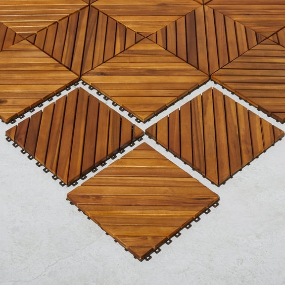 12-Diagonal Slat Acacia Interlocking Deck Tile (Set of 10 Tiles)