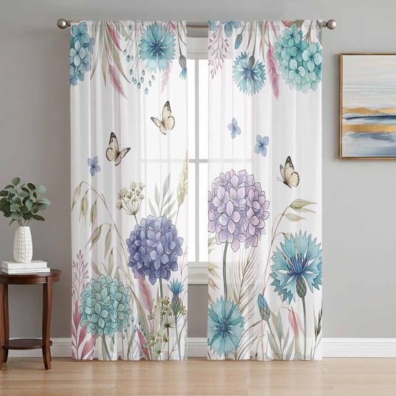Colorful Hydrangea Sheer Curtains 72 Inch Length 2 Panels Set, Country Butterflies Wildflowers Plant Voile Window Treatment Rod Pocket Curtains Sheers for Bedroom/Living Room/Kitchen 52"x72"x2