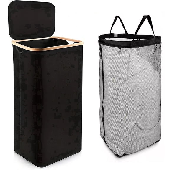 FOUKUS Large Laundry Hamper with Lid, 100L Laundry Basket with Bamboo Handles for Clothes and Toys, Freestanding Collapsible Laundry Basket with Inner Bag for Bedroom and Bathroom-Black