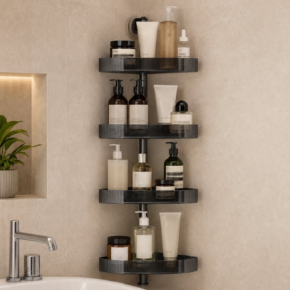 4-Tier Corner Shower Caddy, Adjustable Wall-Mount Shower Organizer Shelf, No-Drill Shower Storage Rack with Soap Dish, Razor Hooks & Toothbrush Holder, Black