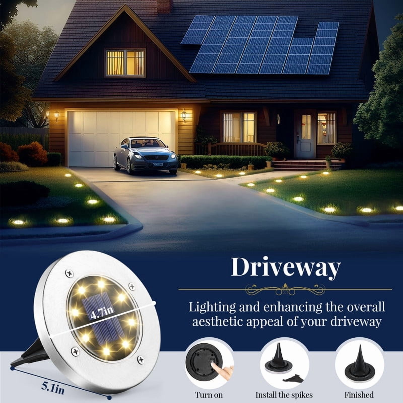 FKHouse 12 Pack Solar Ground Lights Outdoor, 8 LED Waterproof Landscape Lights for Pathway, Yard, Lawn, Patio and Walkway（Warm White）
