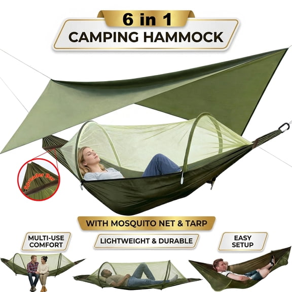 EZBY Camping Hammock with Spreader Bar,2 Person Anti-rollover Hammock Tent with Mosquito Net & Sunshade Tarp for Outdoor
