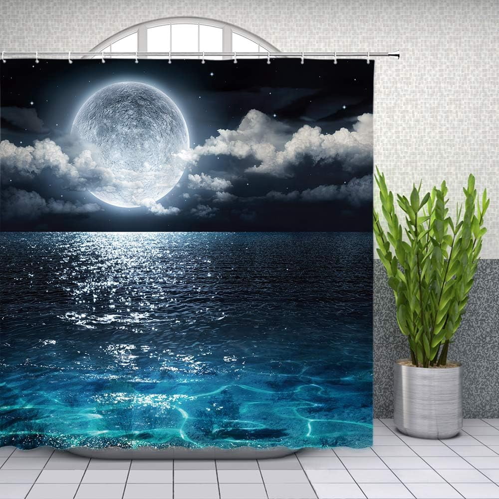 Moon Shower Curtain Full Moon Over Sea Ocean Clouds Planet Star Sky Dreamy Night Scene Black Navy Bathroom Curtains Decor Polyester Fabric 70 x 70 Inches Include Hooks
