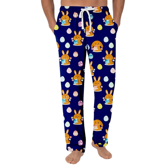 Fabrcox Easter Men Pajamas Pants Rabbit Hunt Print Wide Leg Sleeping Pants for Men Comfy Big and Tall Trousers for Men Casual with Pockets