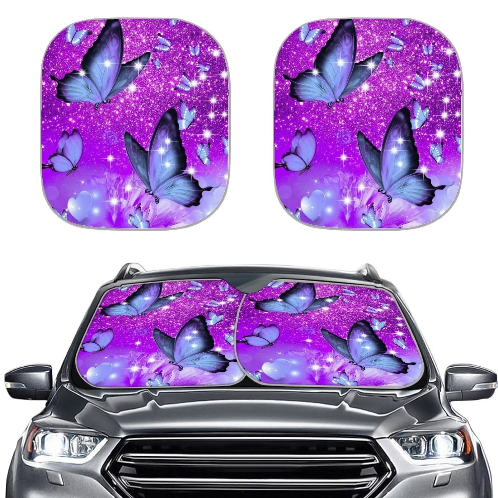 FKELYI Glitter Purple Star Butterfly Car Sun Shade for Windshield