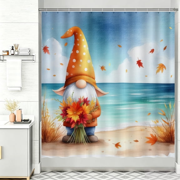 Rustic Autumn Shower Curtain A gnome holding a bunch of flowers on the beach 72x72in Shower Curtain Mold Resistant