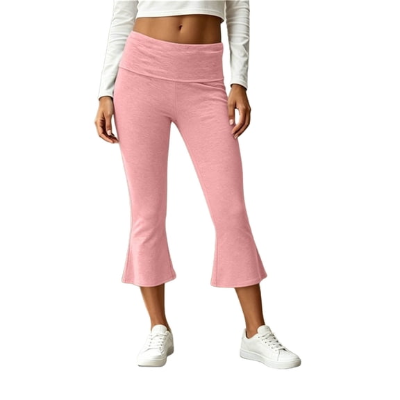 Flared Capri Pants for Women Fold Over Waist Capri Trousers Slim Solid Capris Stretchy High Waist Capri Bottoms Soft Breathable Pants