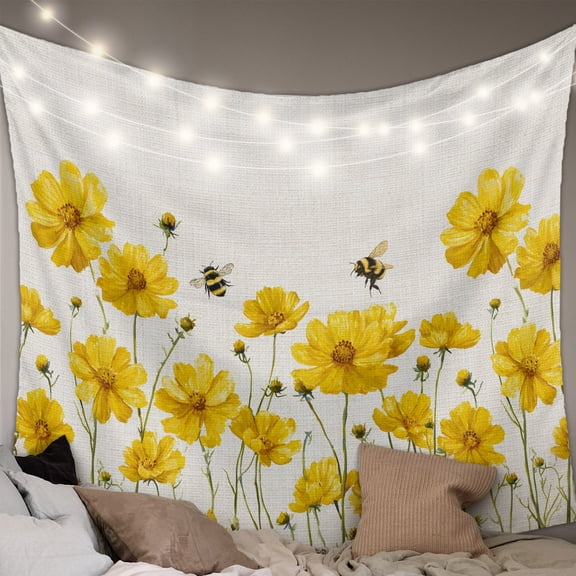 Yellow Floral Bee Tapestry for Bedroom Wall Hanging Tapestry, Summer Watercolor Botanical Flower Ceiling Backdrop Tapestries Poster Blanket Wall Decor for Teens Room Living Room Dorm 59" x 90"