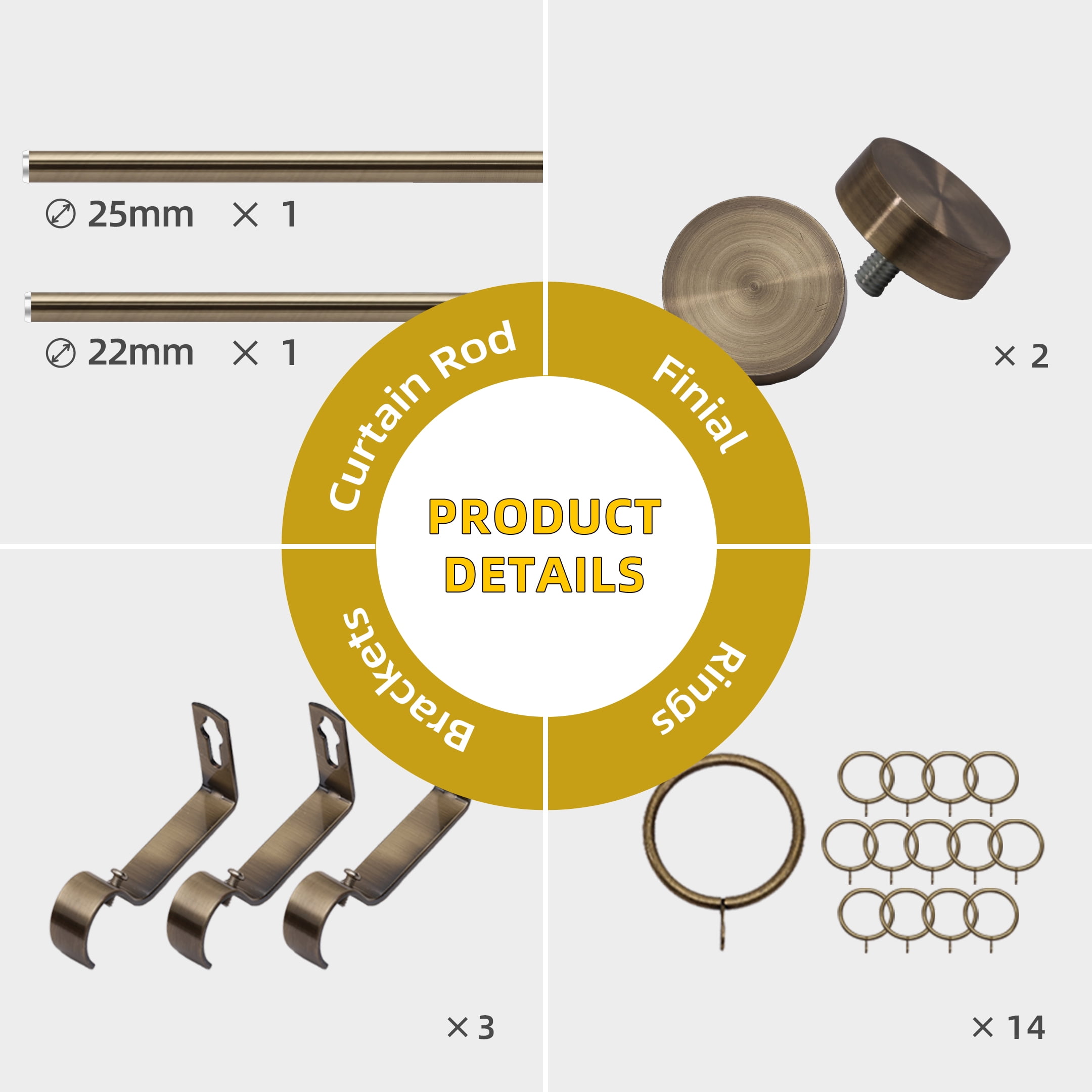 Coquilles 1 Inch Diameter Adjustable Modern Curtain Rods, Antique Brass with Cap Finials, 28-48 Inches