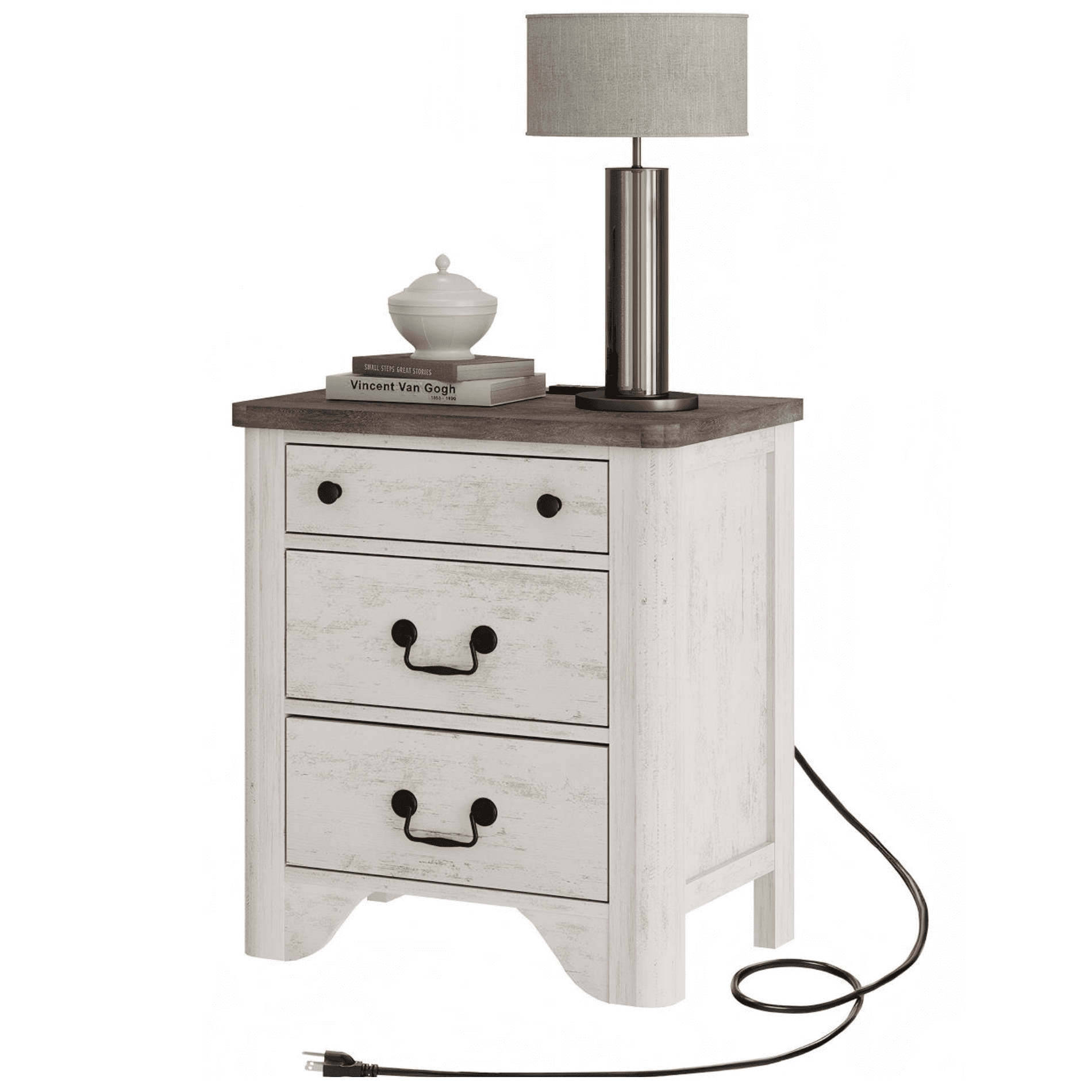 Farmhouse Nightstand with Charging Station, 3-Drawer Night stand, Wood End Table for Bedroom, White