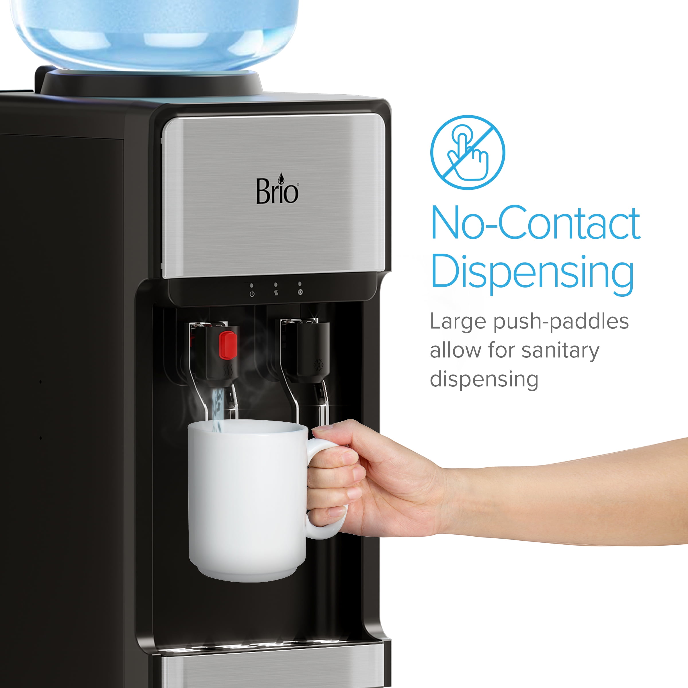 Brio 300 Series Slimline Top-Load Water Dispenser for 3 & 5 Gallon Bottles, Paddle Dispensing, Hot & Cold, LED Indicator Lights, Stainless Steel