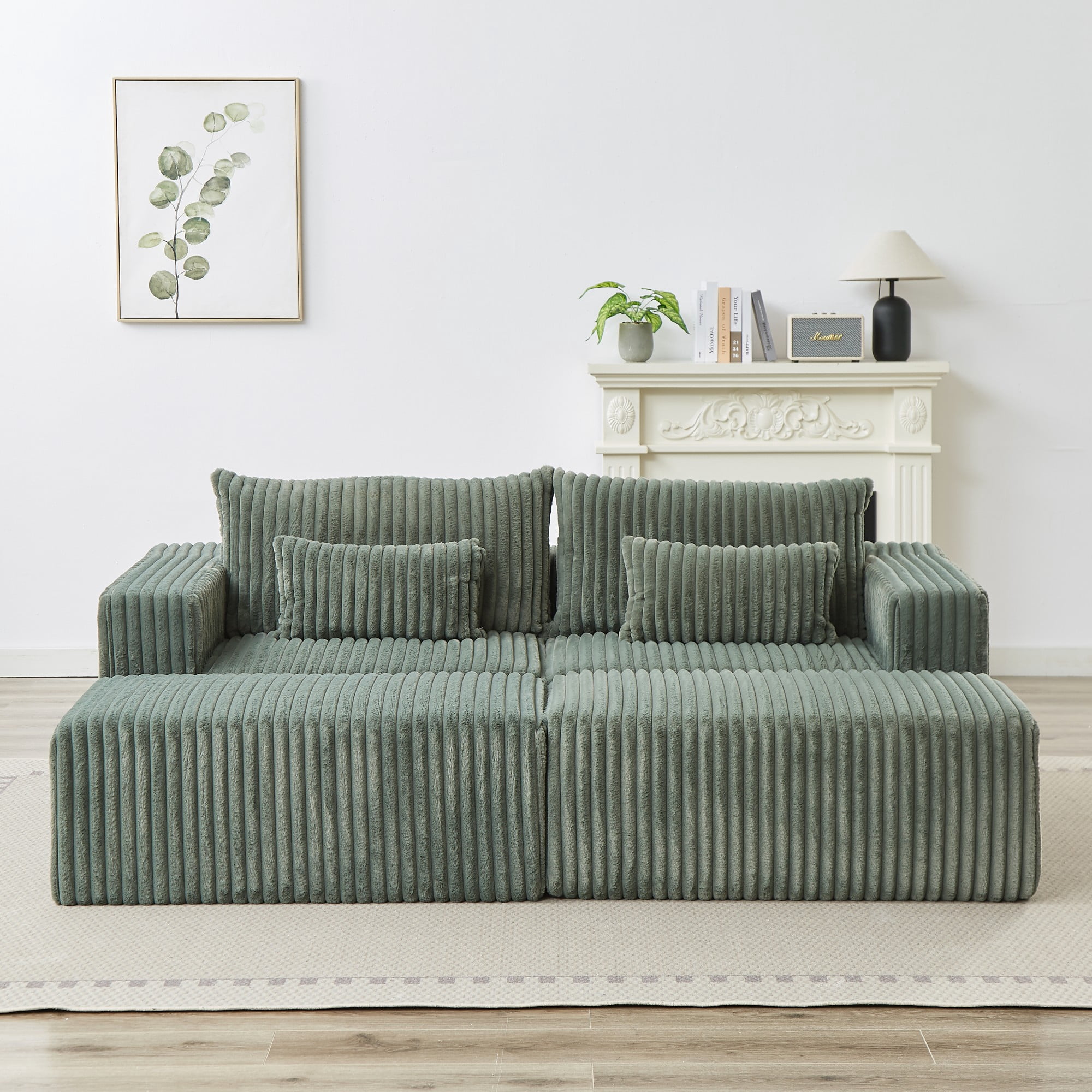 87" Oversized Sectional Lounge Chaise,No Assembly Required,Cloud Plush Loveseat with Two Removable Footstool,Fluffy Modern Sleeper Chair for Indoor Living Room Bedroom (Green)