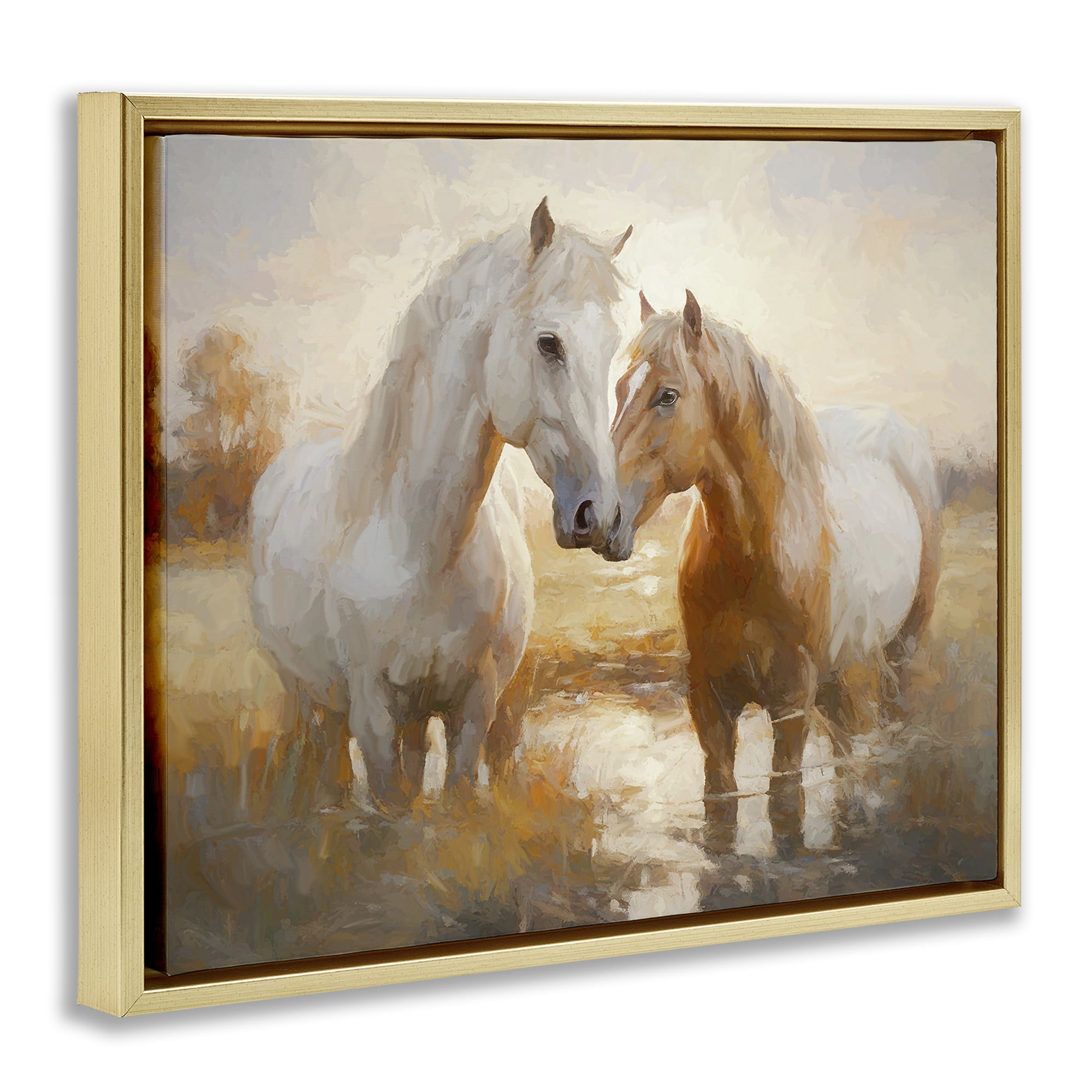 Stupell Industries Horse Pair in River Animals & Insects Painting Gold Floater Framed Canvas Art Print Wall Art, 31 x 25