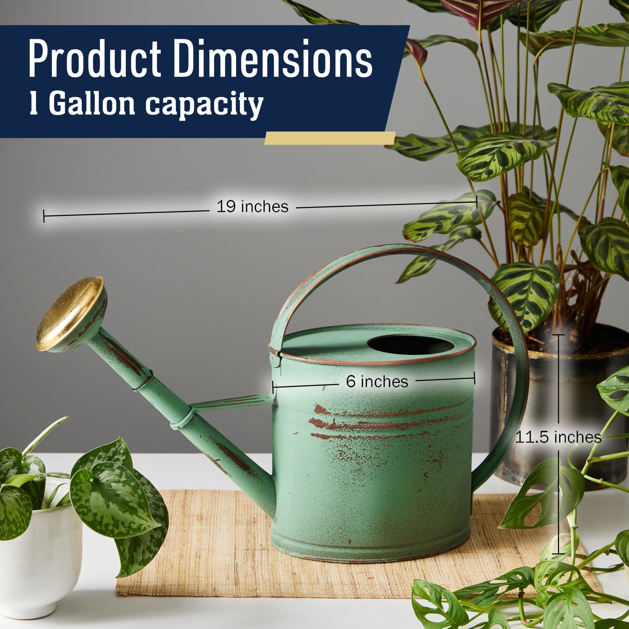 Kings County Tools 1 Gal Indoor Outdoor Copper Plated Metal Watering Can with Removable Spout, Green