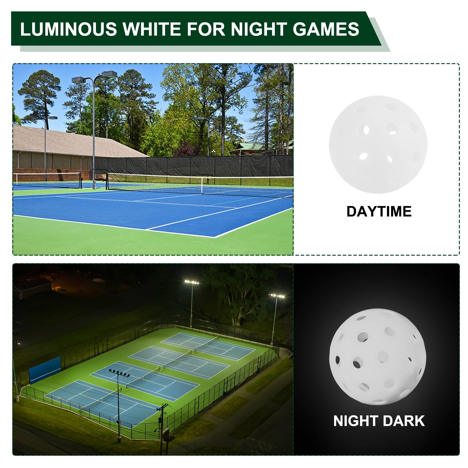 Luminous Pickleball Balls 40 Holes Glow in the Dark Pickleball Balls with Mesh Bag White, 6 Pack