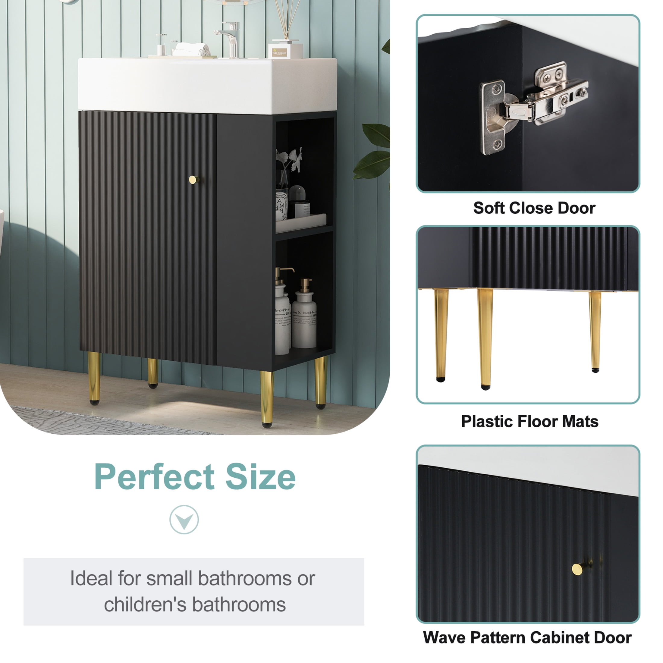 Noble House 21.6" Bathroom Vanity with Ceramic Sink, Right Side Storage Cabinet & Gold Metal Legs, Black