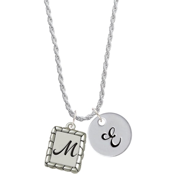 Delight Jewelry Silvertone Pebble Border Initial - M Silvertone Script Initial Disc - E - Charm Necklace, 20"+3"