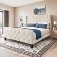 thumbnail image 2 of ModFusion Queen Size Upholstered Bed Frame , with Valvet Headboard , Footboard, Wingback, Beige, 2 of 9