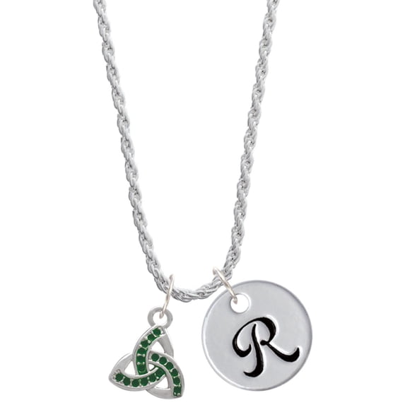 Delight Jewelry Silvertone Small 2-D Green Trinity Knot Silvertone Script Initial Disc - R - Charm Necklace, 20"+3"
