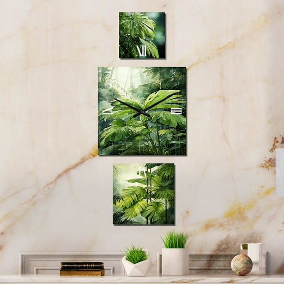 Designart "Palms Awaken in Mossy Morning Light" Palms & Palm Trees & Palm Trees Extra large Clock For Office Décor - Large Traditional Wall Clock - Oversized Green Wall Clock - Set Of 3