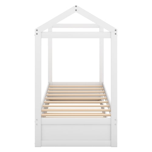 Yoneston Twin Size House Platform Bed with Trundle, DIY Design Wooden Floor Bed for Kids Toddlers Bedroom, White