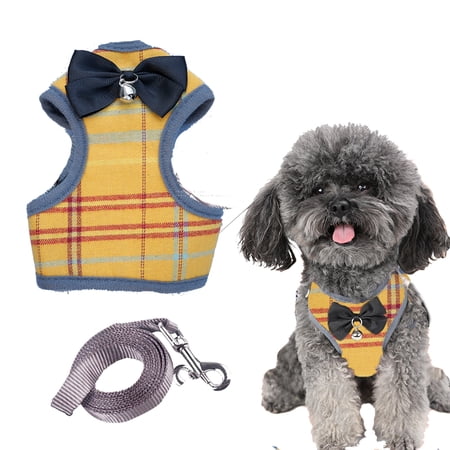 Feelers Pet Cat Dog Harness and Leash for Walking, Soft Adjustable Vest Harnesses, Grid, Yellow