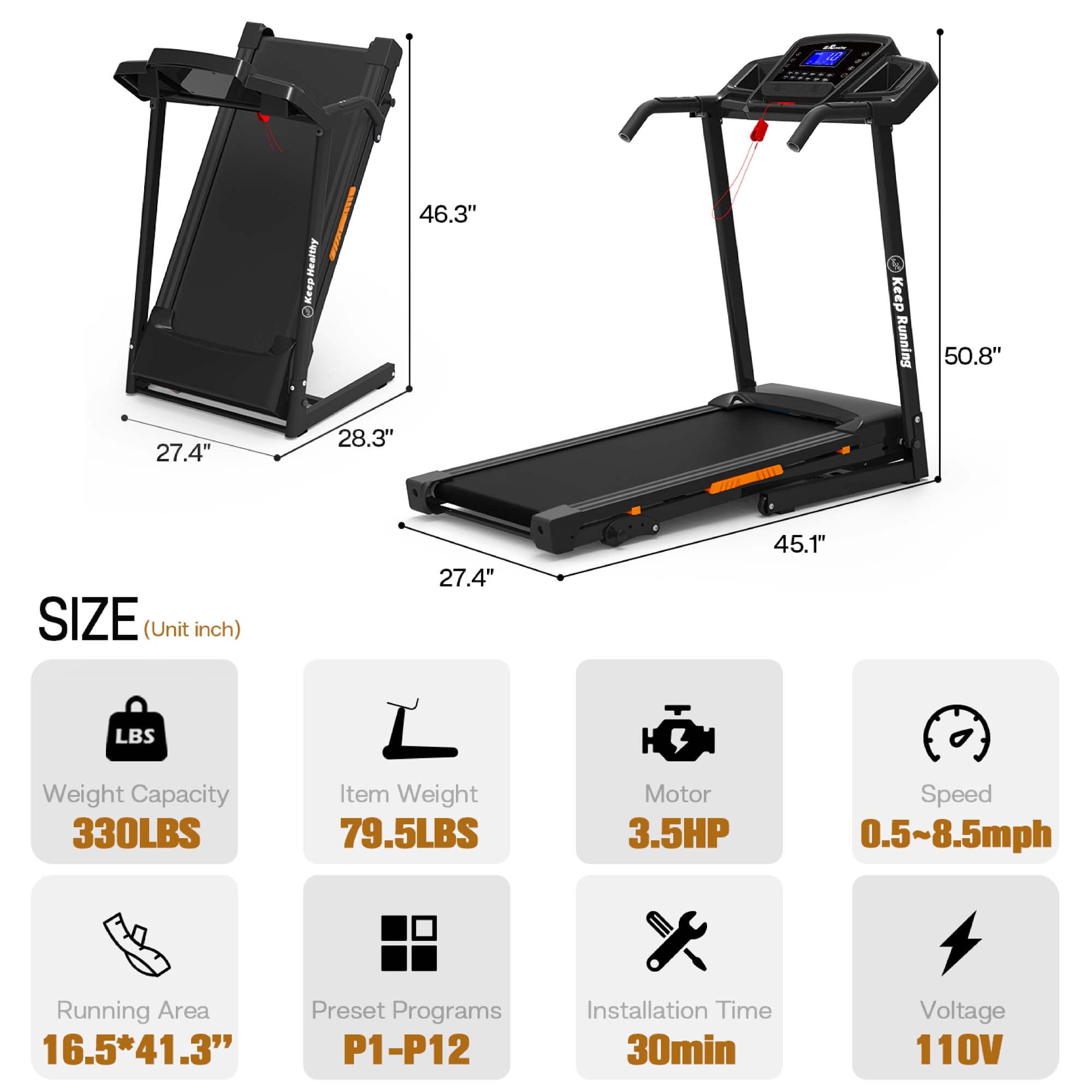 Aukfa Treadmill 330 lb Capacity Electric Treadmill with Incline 3.5 HP Walking Running Machine for Home Workout